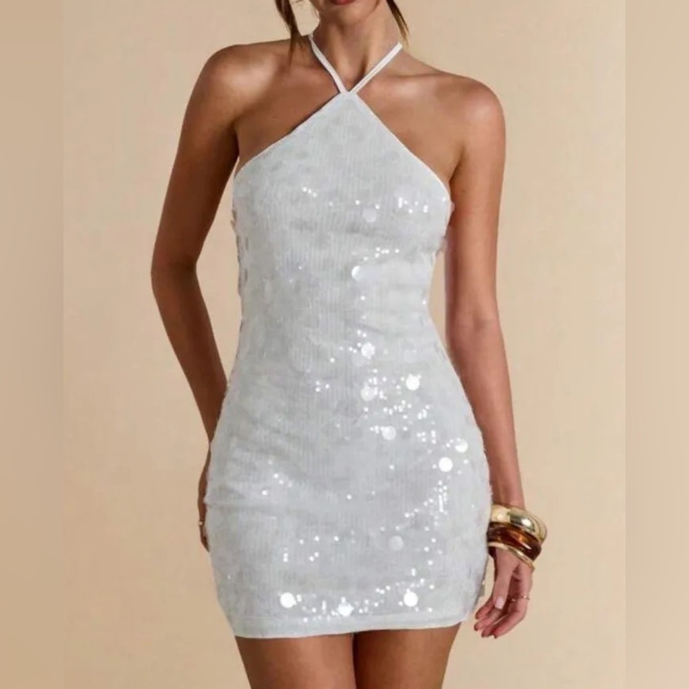White Sequin Halter Mini Dress